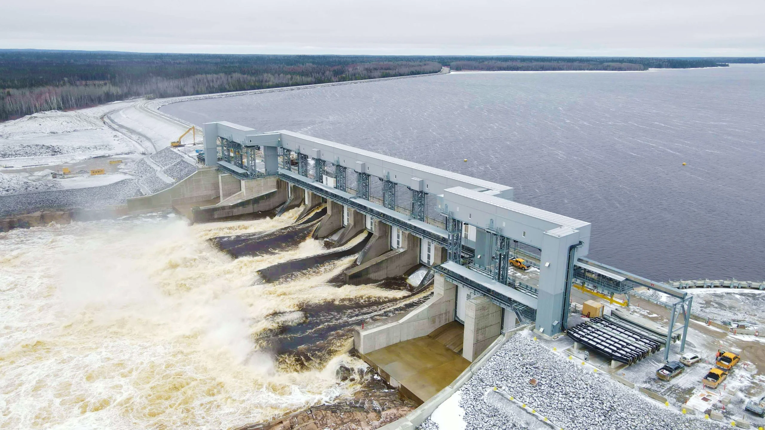 A hydroelectric dam in a large body of water.