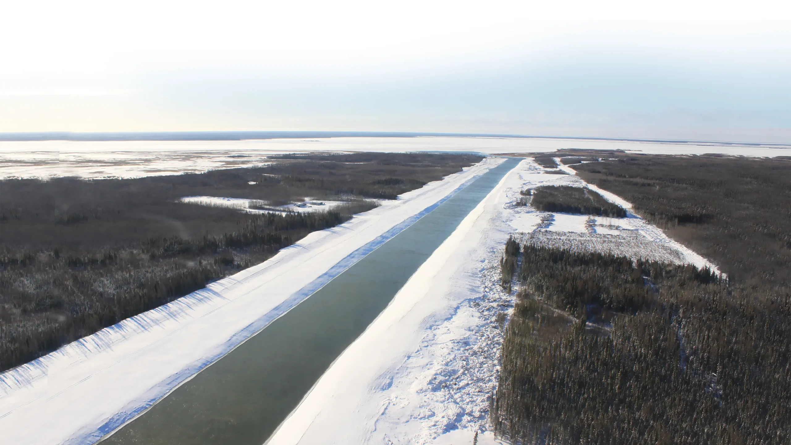 Aerial view of channel in winter