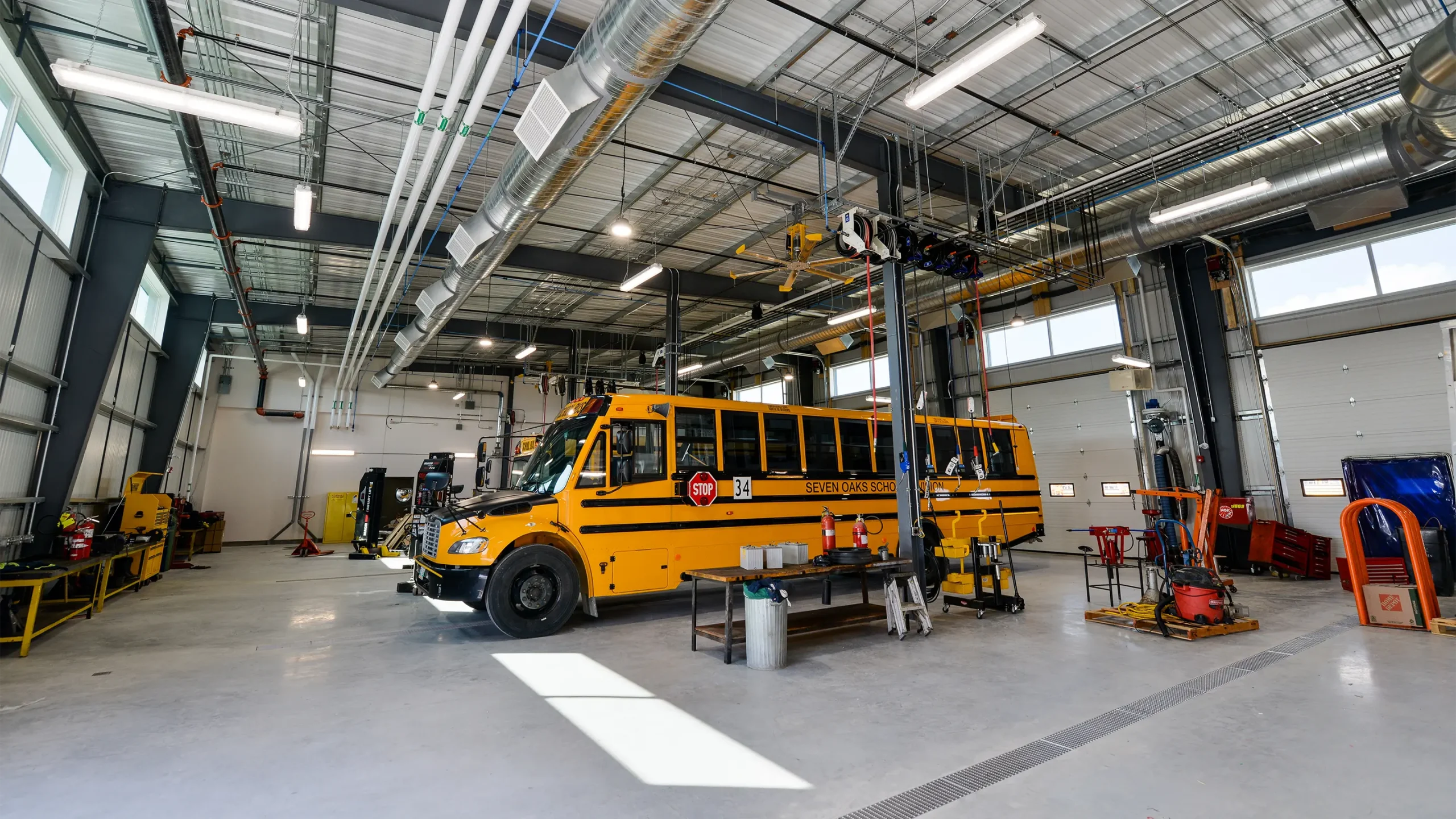 School bus parked inside facility