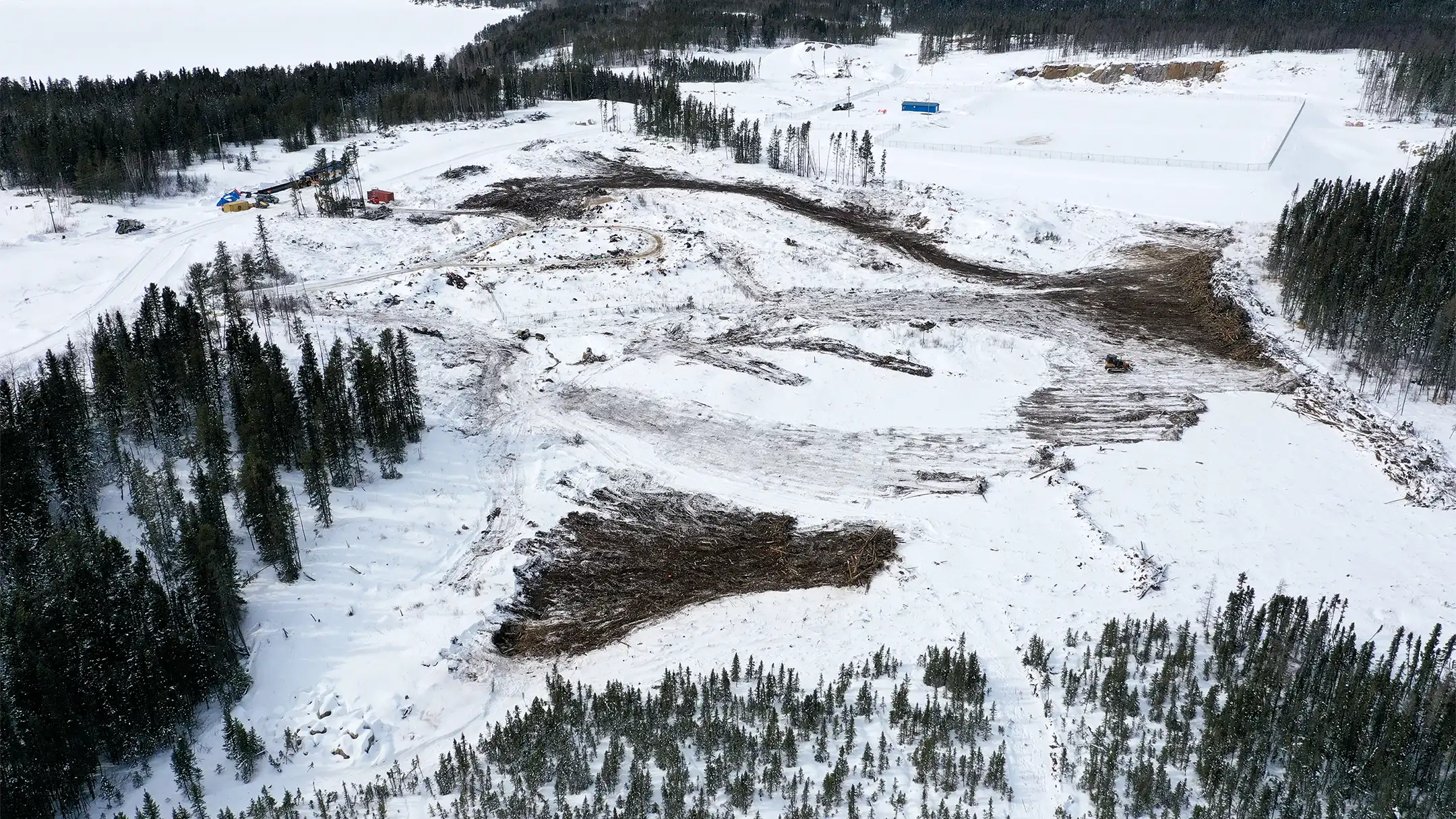 Aerial view of site under construction in the winter