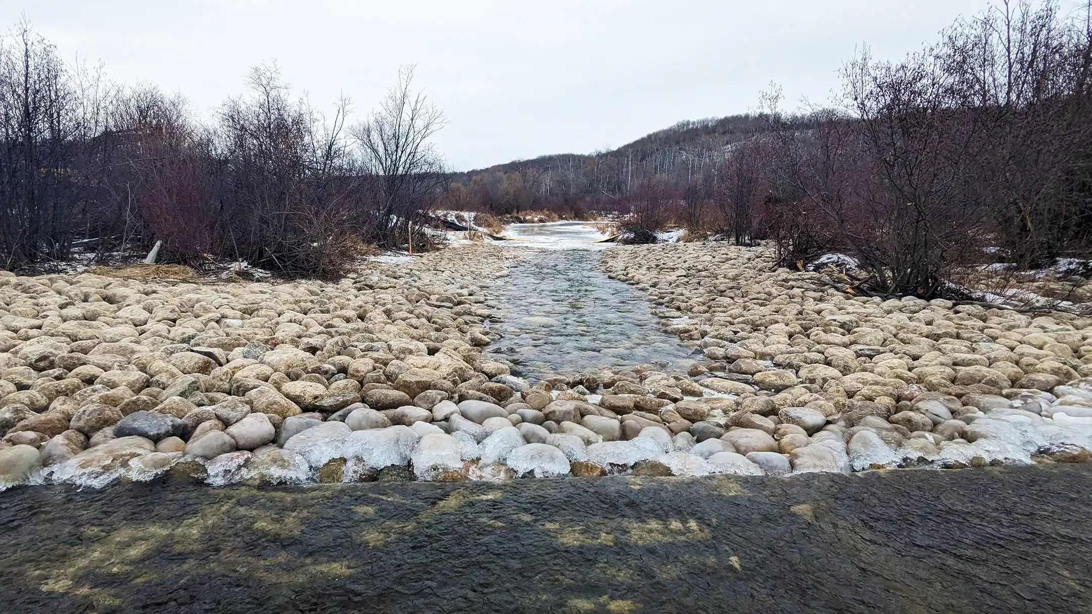 The newly constructed rock ramp taken from the crossing