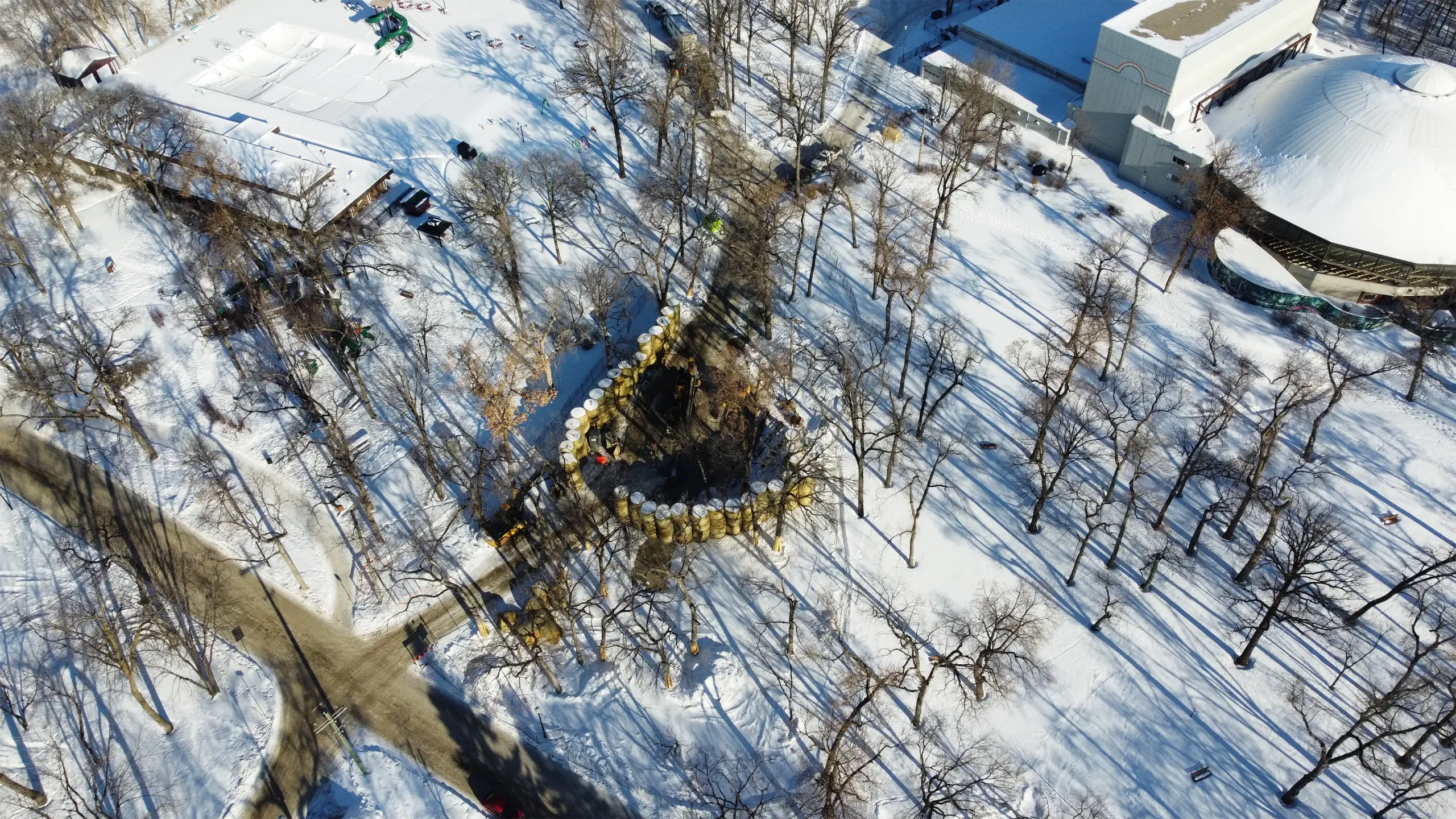 Aerial view of Kildonan Park site with sound barriers installed