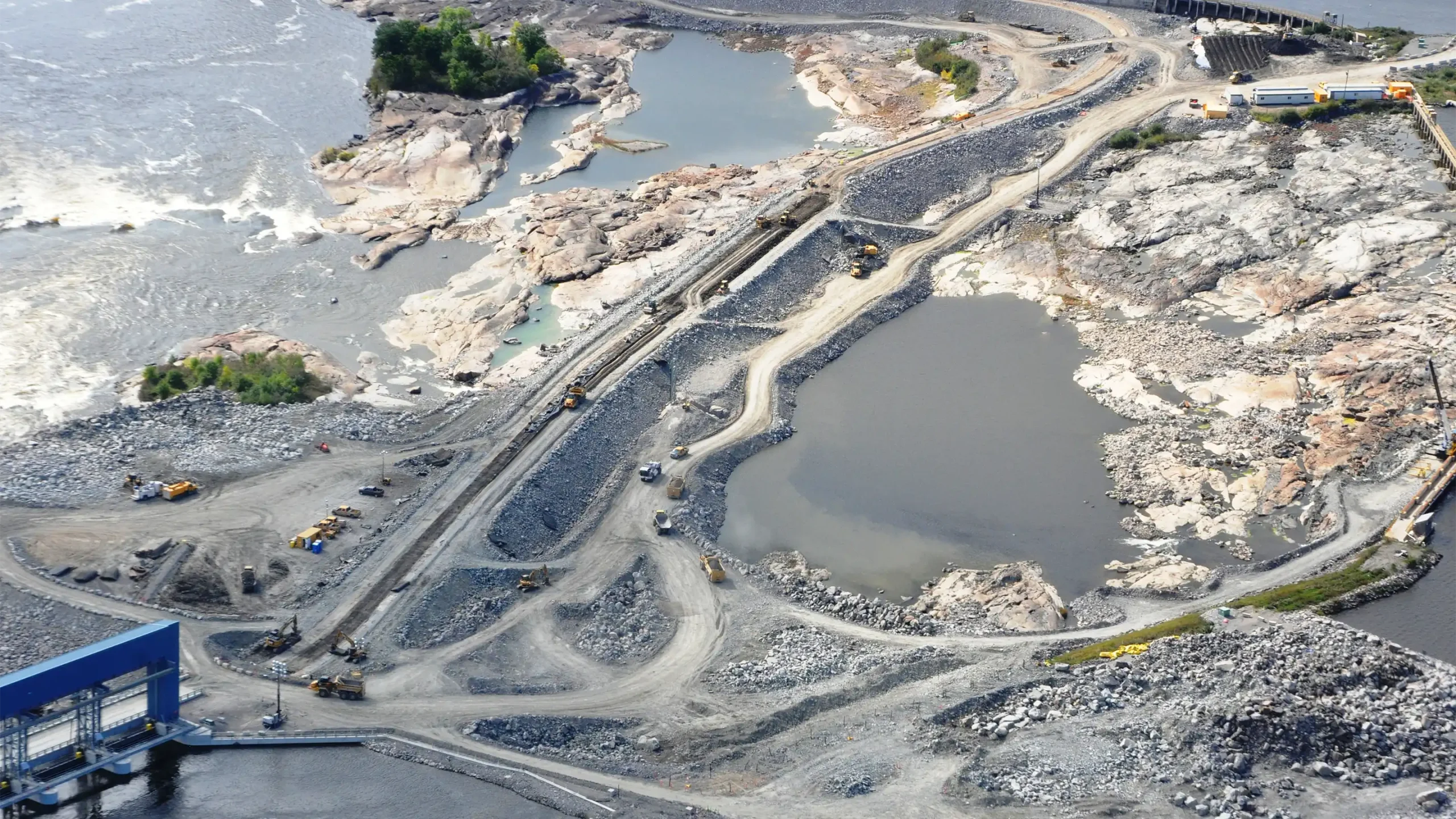 Aerial view of embankment dam construction