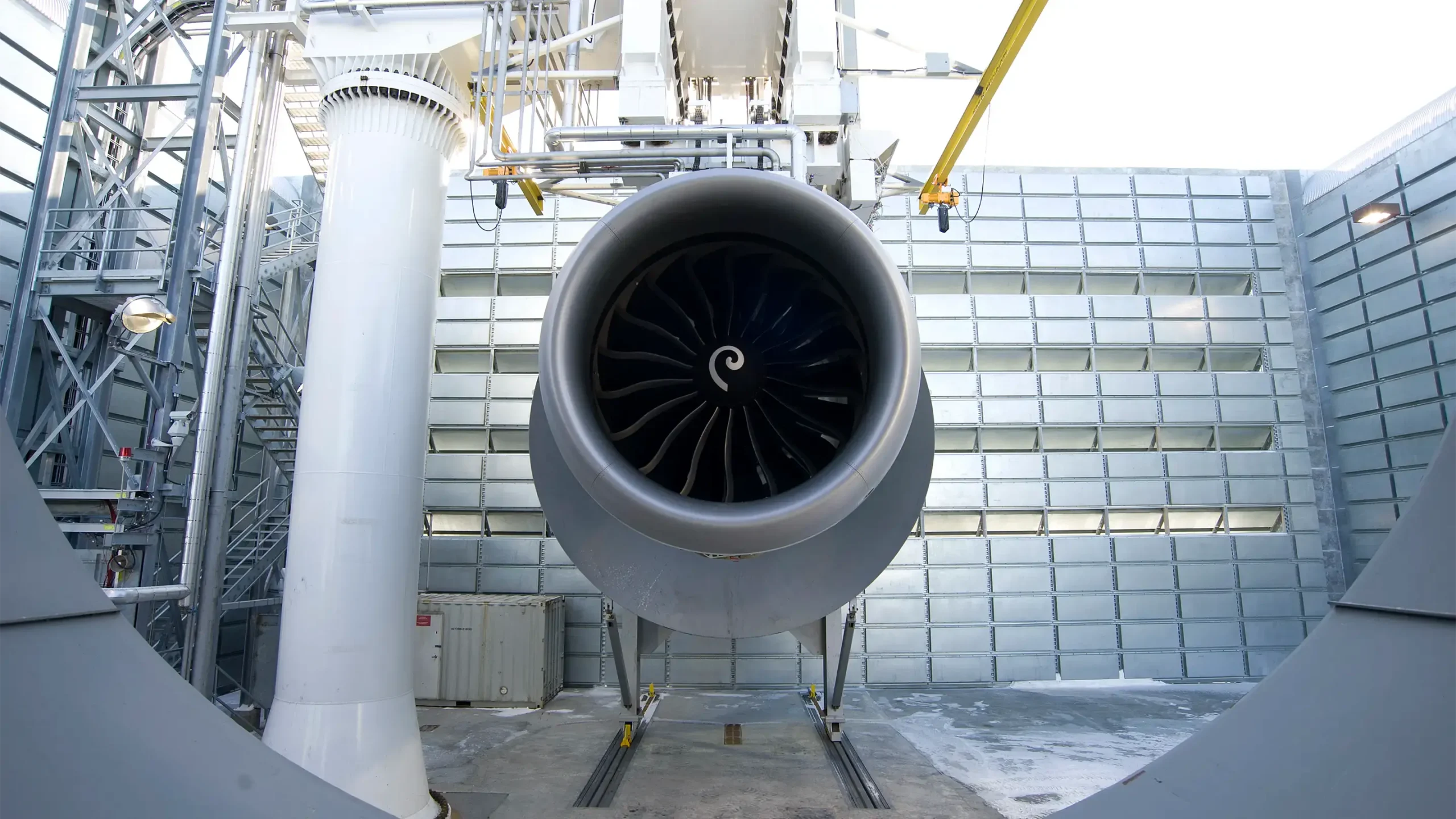 View of jet engine inside test facility