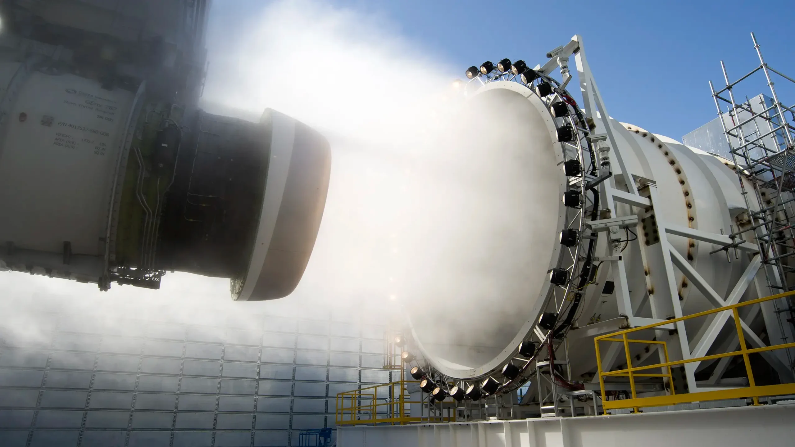 Side view of jet engine being tested