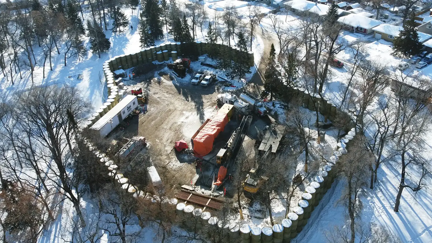 Aerial view of Frasers Grove Park laydown area with sound barriers installed.