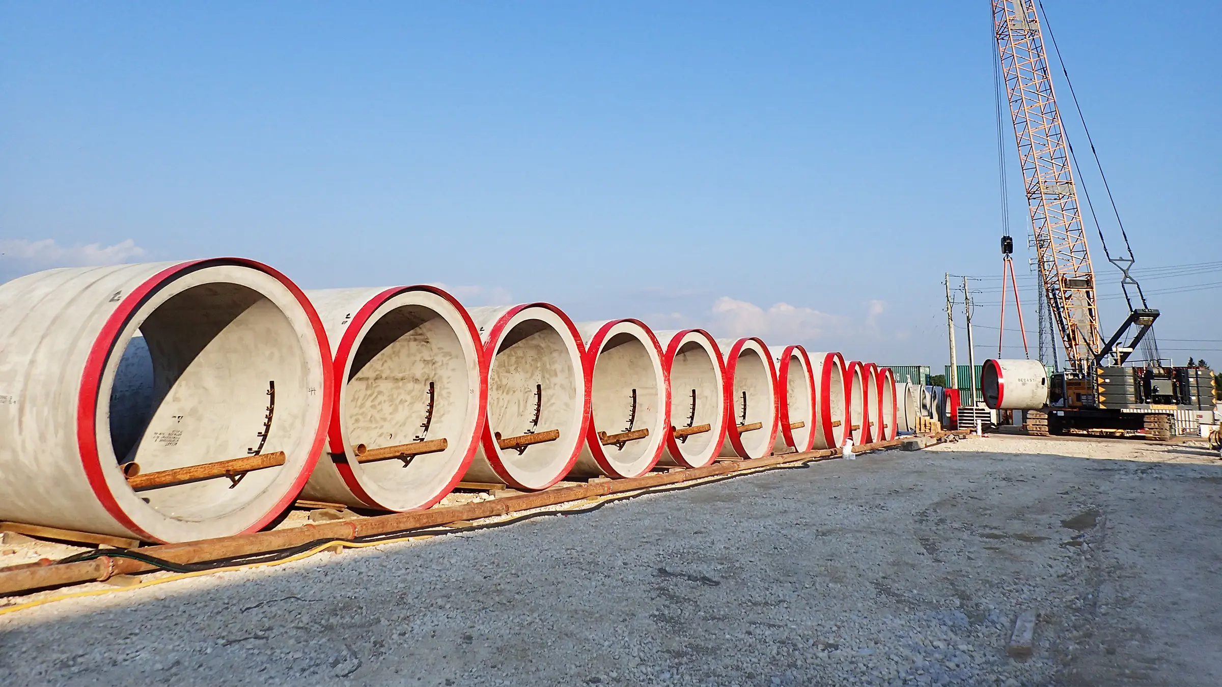 Concrete pipes are laid out and ready to be installed