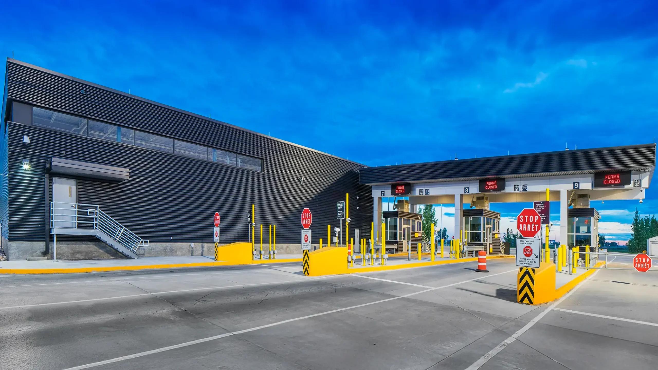 Front view of building and inspection lanes