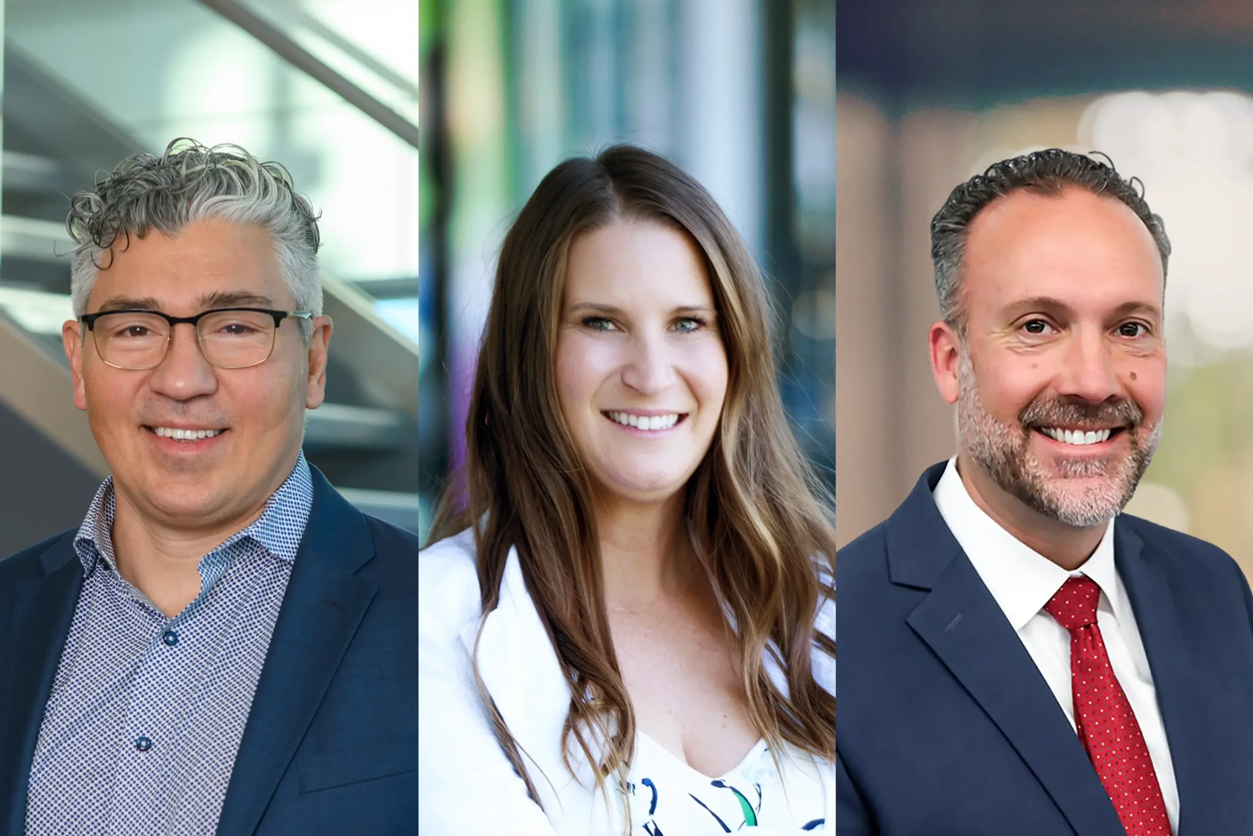 Three U.S. leadership team members pose in professional business attire, smiling confidently.