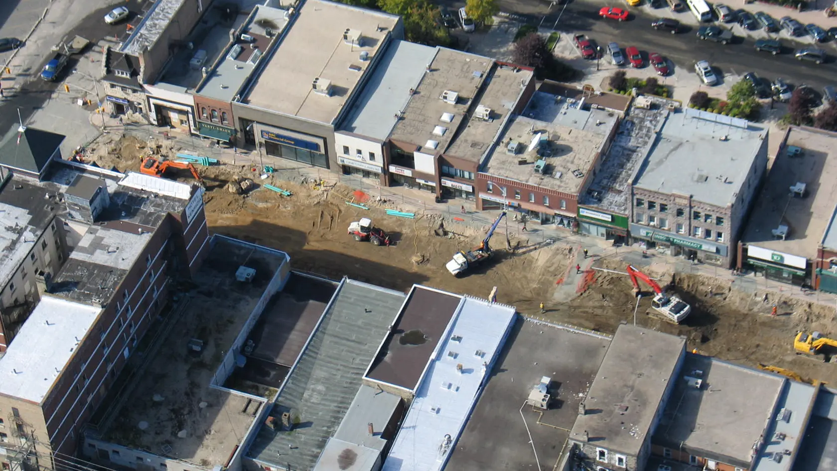 Aerial view of a downtown road under construction